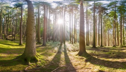 Wall Mural - panoramic view of a forest with sunlight shining through the trees