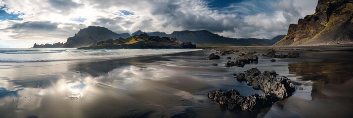 Wall Mural - Sunset light reflects on wet black sands with rugged cliffs in the backdrop.