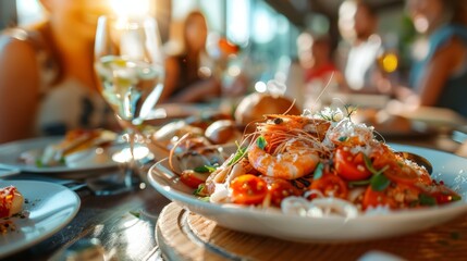 Wall Mural - A plate of food on a table with people in the background