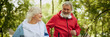 © master1305 - Sport inspirational. Happy smiling elderly people, man and woman in sportswear jogging in public park in early morning. Banner for ad. Sport, aging, active and healthy lifestyle, health care concept