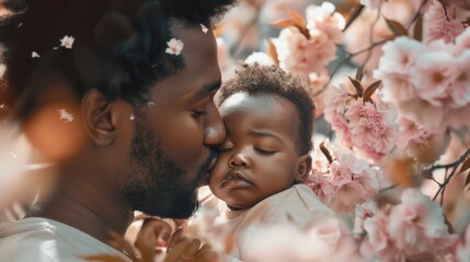 Canvas Print - A man kissing a baby in front of a flowering tree