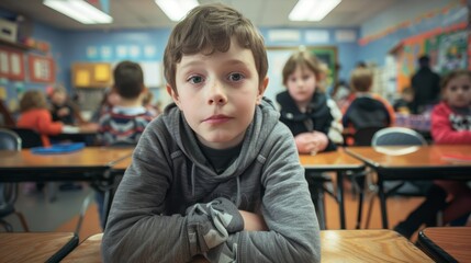 Canvas Print - A young boy sitting at a table in a classroom