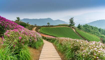 Wall Mural - the path down the hill with flower fields on both sides