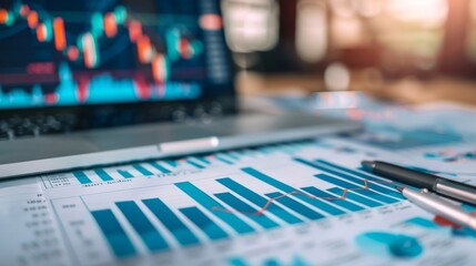 Poster - A close-up of stock market charts printed on paper, scattered on a desk with a laptop.