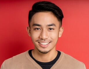 Wall Mural - A men with 27 years old looking at the camera with excited facial expression in front of the red background