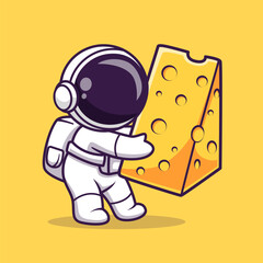 Wall Mural - cute astronaut holding cheese moon cartoon vector icon illustration. science technology icon concept