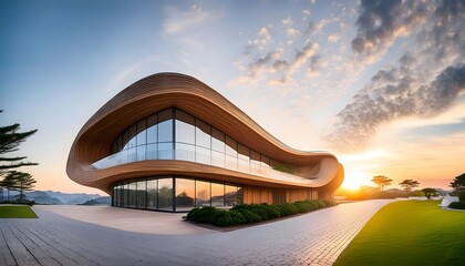 Modern and futuristic building at sunset