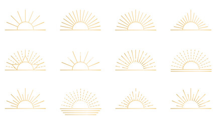 Sun set in boho style. Simple golden line illustration of the sun, sunlight, rays in different designs. Collection of solar icons for isoterics, numerology and magic, vector graphics