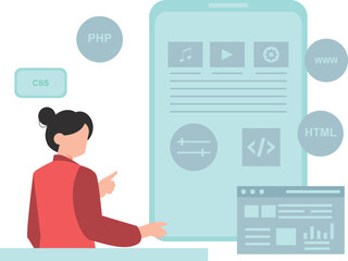 The girl is coding the software.