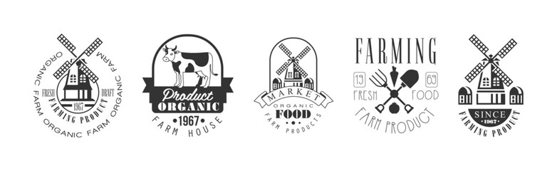 Organic Farm Product Label and Logo Monochrome Design Vector Set