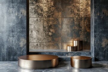 Two round metallic podiums in front of a textured gold background. Minimalist, modern display for product photography.