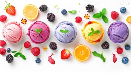 Wall Mural - Colorful scoops of ice cream with fresh fruits on white background. National Ice Cream Day