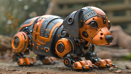Leinwandbilder - This Orange and black robot dog in a standing position on the ground.