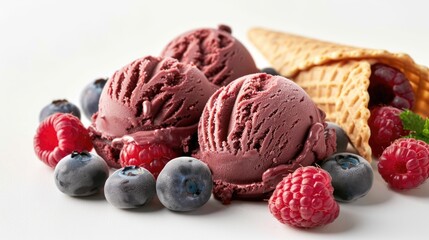 Wall Mural - Scoops of chocolate, raspberry, and blueberry ice cream with fresh berries. National Ice Cream Day