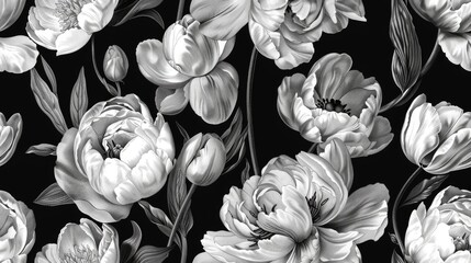 black and white detailed floral illustration on a dark background.