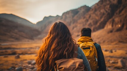 Summer mountain hike group adventure at sunset, active backpacking journey with nature tourists