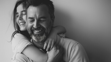 Wall Mural - Young little girl is hugging her lovely daddy, black and white image, happy family and father's day concept, white background, copy space.