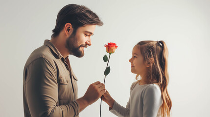 Wall Mural - Little smiling caucasian girl is giving a flower to  her daddy, father is smiling and surprised, happy family and father's day concept, white background, copy space.