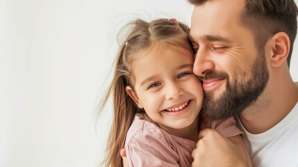 Wall Mural - Little cute caucasian girl is hugging her daddy, family time and father's day concept, white background, copy space.