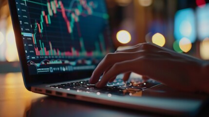 Fototapete - Close-up of hands typing on a laptop keyboard with a stock chart visible on the screen.