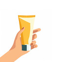 Fototapeta Dziecięca - Illustration of a hand holding an unbranded yellow skin care product. Mock up