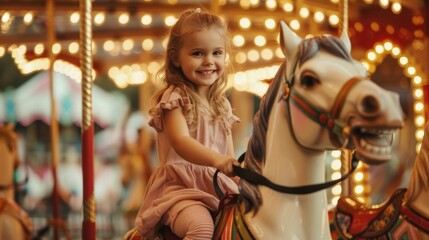 Poster - A little girl riding a white horse on a carousel