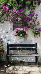 Sticker - A wooden bench sitting in front of a white building