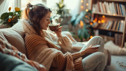 Sticker - A woman sitting on a couch holding a cup of coffee