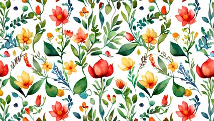 Wall Mural - A watercolor painting of a flower garden with a variety of flowers and leaves. The colors are bright and vibrant, creating a cheerful and lively atmosphere