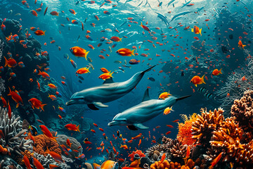 Wall Mural - Two dolphins swimming in a sea of fish