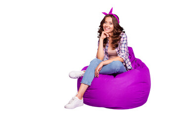 Sticker - Full size portrait of carefree careless adorable good-looking lady with her trendy hairdo she sit isolated on vivid purple background in checkered shirt denim casual jeans look at camera