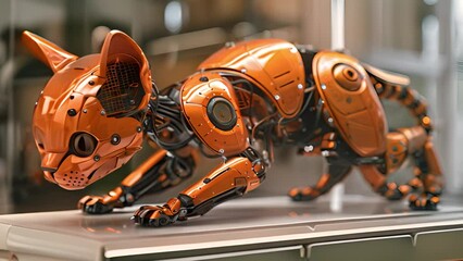 Leinwandbilder - This robot cat is showcased inside a glass case. Robot Cat Displayed in Glass Case