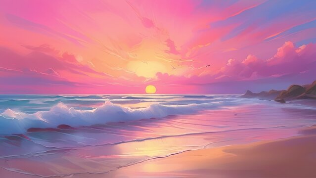 sunset pastel sky ocean waves illustration, pink sky portrait, beach vibes artwork, evening nature beauty, large ocean pastel scenery landscape, pink soft cloudy nature, soft tone sunset sea portrait