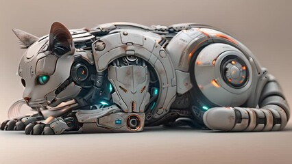 Poster - This robot cat is resting on the ground. Robot Cat Laying Down