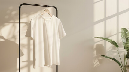  White blank tshirt hanging on rack mockup in minimalistic interior with soft shadows and plant, flat lay background