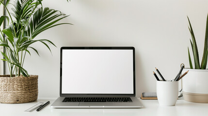 A mockup of an open laptop with a blank screen placed on an office desk, with a white wall background, boho style decorations around the frame, green plants and black accessories in front of it
