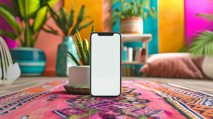 front view mockup of an iPhone with blank white screen, placed on the table in front of colorful wall with abstract art, wooden desk, cactus plant beside it