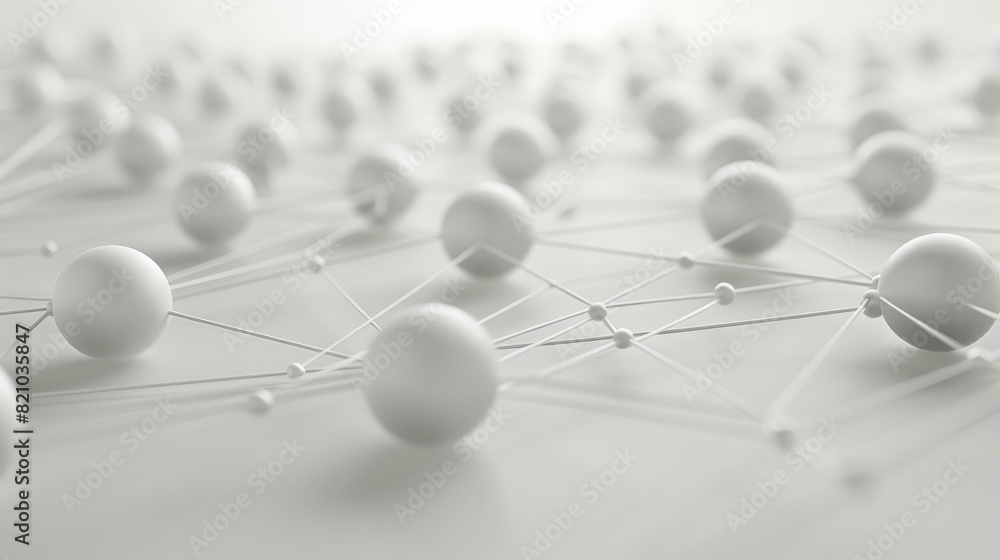 A 3D rendering of a network with white spheres connected by lines ...
