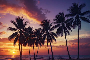 Wall Mural - Gorgeous tropical sunset over beach with palm tree silhouettes Perfect for summer travel and vacation, romantic shoreline. Paradise on earth. Hawaii beach.