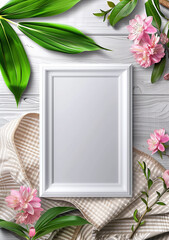 Wall Mural - White Frame with Pink Flowers and Green Leaves on Wooden Background for Creative Design and Advertising