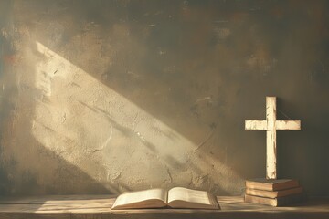 Wall Mural - An open Bible on an old wooden table, symbolizing the theme of bible study and reading for spiritual growth and learning.