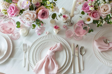 Wall Mural - Beautiful wedding table setting with flowers, top view