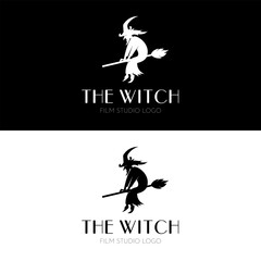 The spooky horror witch logo design film studio in classic silhouette style