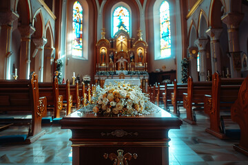 Wooden coffin in the bright church funeral ceremony