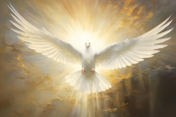 Wall Mural - A spiritual painting depicting a dove in flight, surrounded by a halo of divine light The artwork uses a soft color palette and smooth brushstrokes to create a tranquil and holy atmosphere The dove, s