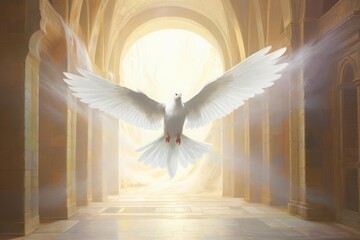 Wall Mural - A tranquil painting depicting a dove at the holy gates of heaven, with light emanating from beyond The artwork uses a soft, harmonious color scheme and delicate brushstrokes to create a peaceful and u