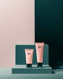 Fototapeta Dziecięca - Product photography two pink skincare lotion and cream