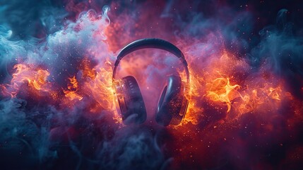 Wall Mural - stereo headphones exploding in festive colorful splash flame and smoke with vibrant light effects on loud music sound pulse beats and flow ready for party.stock photo