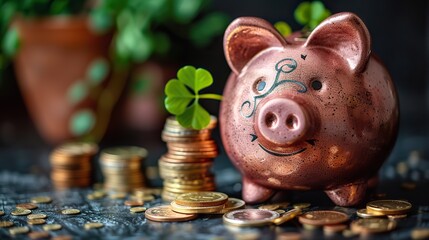 Wall Mural - A piggy bank adorned with a beaming pink pig sits beside gold coins and a protruding four-leaf clover, symbolizing financial success and prudent savings.illustration stock image