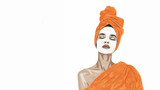 Fototapeta Dziecięca - Skincare illustration. Woman with her hair wrapped in an orange towel applying face cream